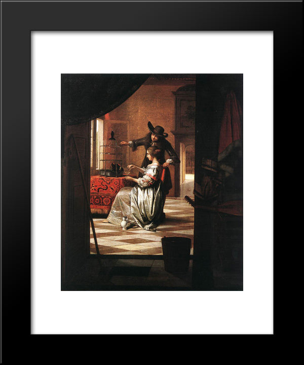 Couple With Parrot 20x24 Black Modern Wood Framed Art Print Poster by Hooch, Pieter de