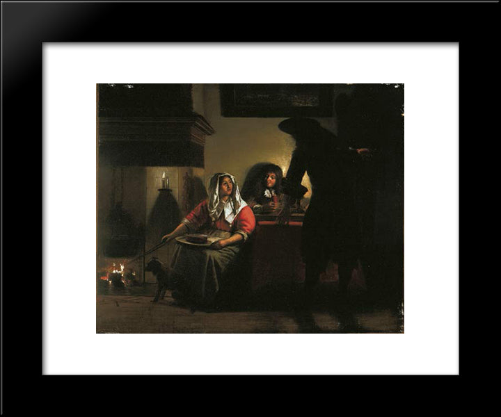 Interior With Two Gentleman And A Woman Beside A Fire 20x24 Black Modern Wood Framed Art Print Poster by Hooch, Pieter de