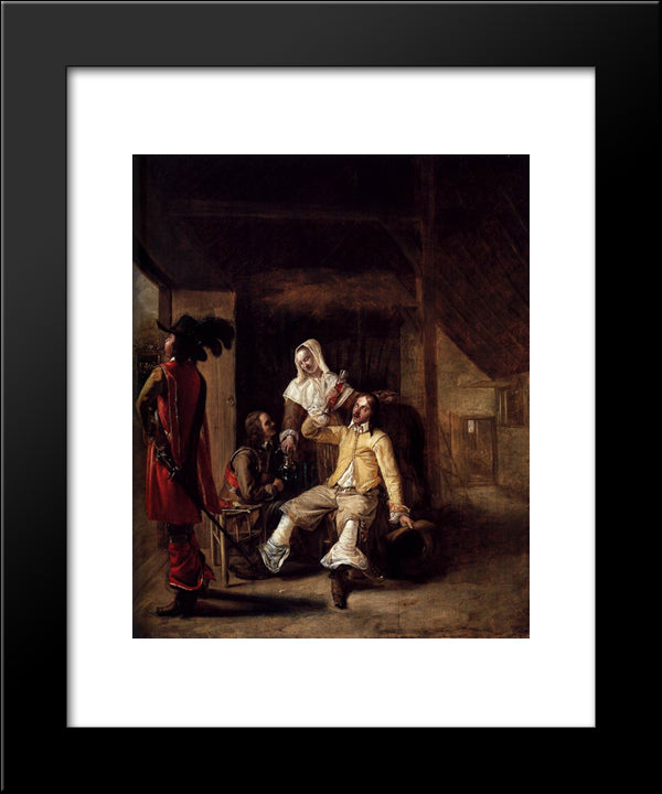 Two Soldiers And A Serving Woman With A Trumpeter 20x24 Black Modern Wood Framed Art Print Poster by Hooch, Pieter de