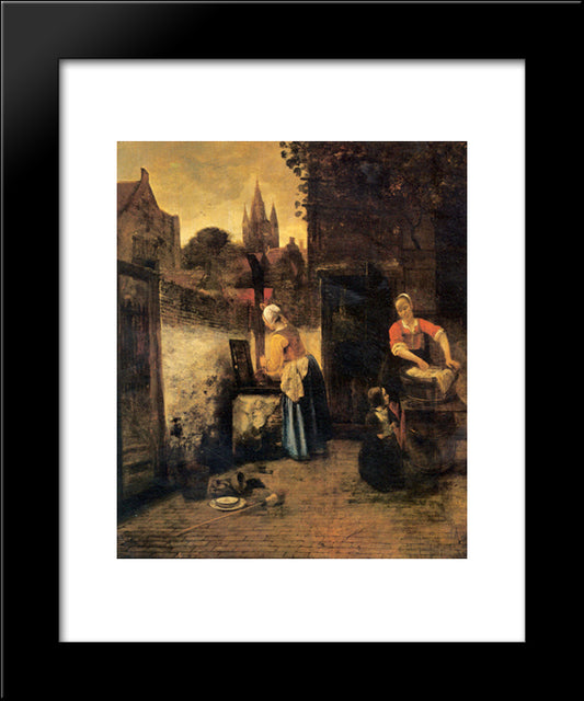 Two Women With A Child In Court 20x24 Black Modern Wood Framed Art Print Poster by Hooch, Pieter de