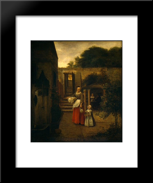 Woman And Child In A Courtyard 20x24 Black Modern Wood Framed Art Print Poster by Hooch, Pieter de