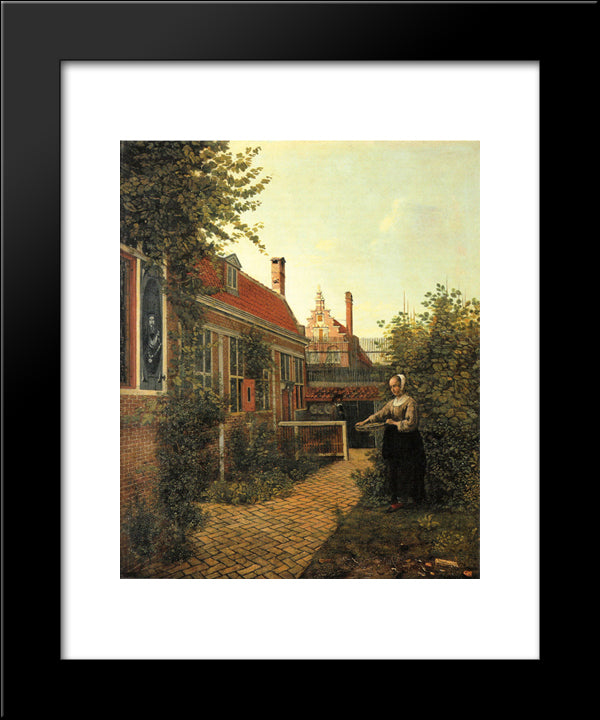 Woman With Basket Of Beans In The Kitchen Garden 20x24 Black Modern Wood Framed Art Print Poster by Hooch, Pieter de