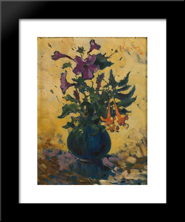 Still Life With Hibiscus And Fuchsias 20x24 Black Modern Wood Framed Art Print Poster by Wenning, Pieter