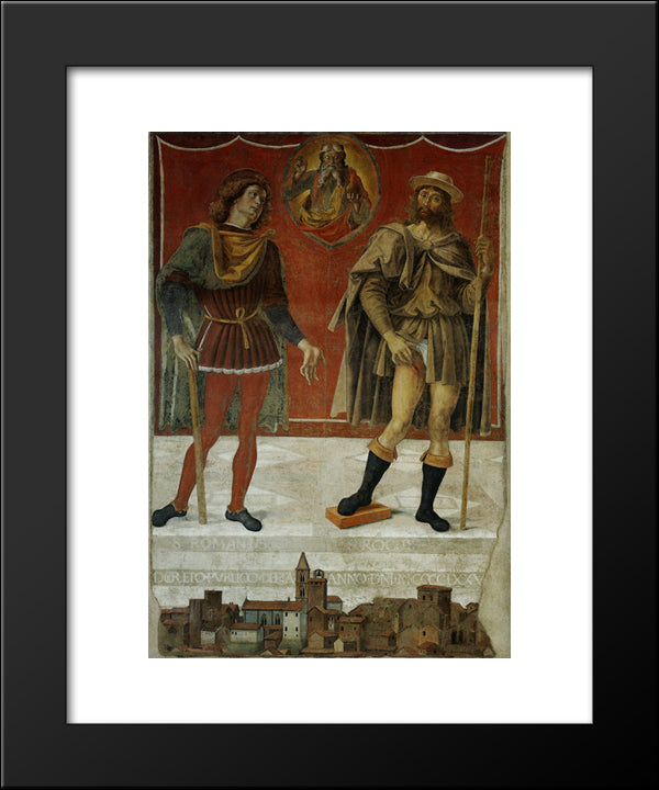Saints Rocco And Romanee In The View Of The Town Deruta 20x24 Black Modern Wood Framed Art Print Poster by Perugino, Pietro