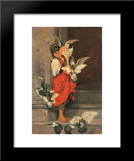 The Girl With Pigeons 20x24 Black Modern Wood Framed Art Print Poster by Lembesis, Polychronis