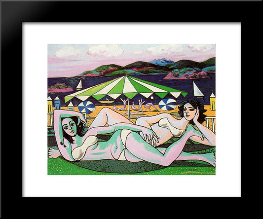 Bathers On The Beach Under Umbrella 20x24 Black Modern Wood Framed Art Print Poster by Zabaleta, Rafael