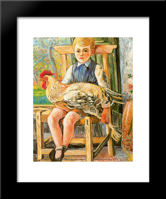 Boy Sitting With A Hen On His Lap 20x24 Black Modern Wood Framed Art Print Poster by Zabaleta, Rafael