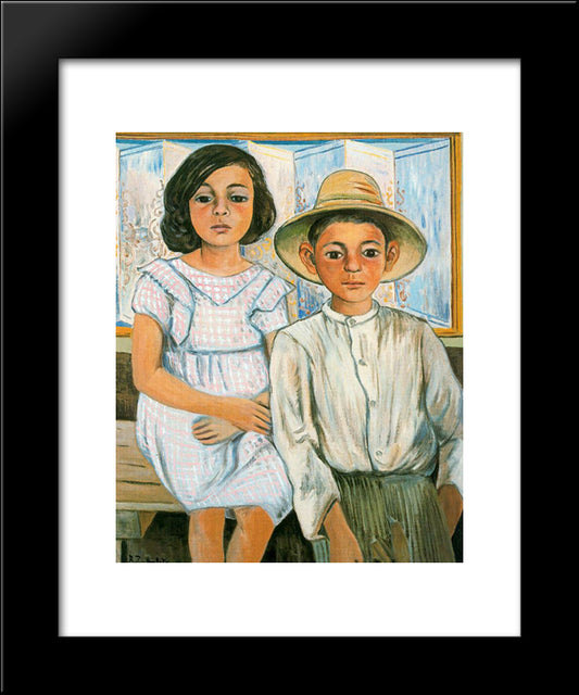 Girl Sitting And Boy With Hat Standing 20x24 Black Modern Wood Framed Art Print Poster by Zabaleta, Rafael