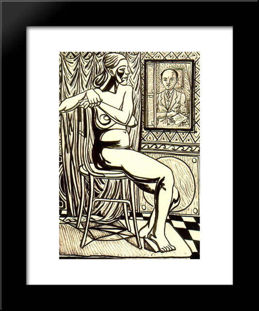 Seated Female Nude And Artist'S Self - Portrait 20x24 Black Modern Wood Framed Art Print Poster by Zabaleta, Rafael