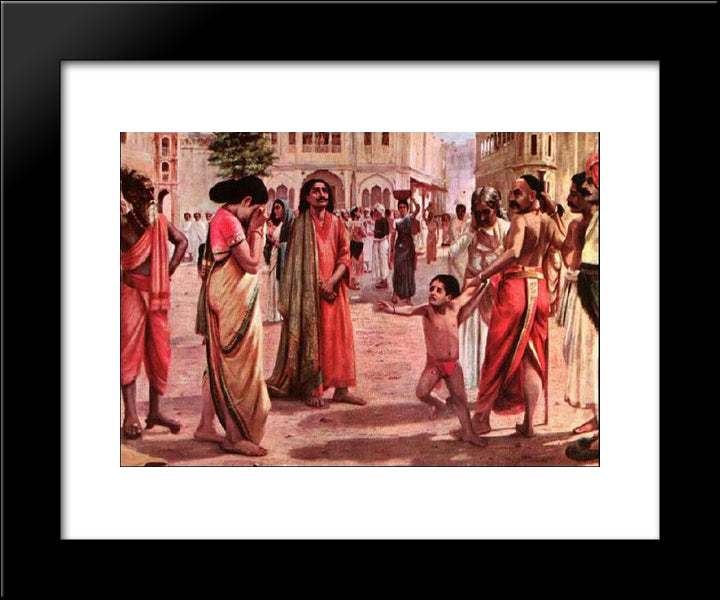 Harischandra In Distress, Having Lost His Kingdom And All The Wealth Parting With His Only Son In An Auction 20x24 Black Modern Wood Framed Art Print Poster by Ravi Varma, Raja