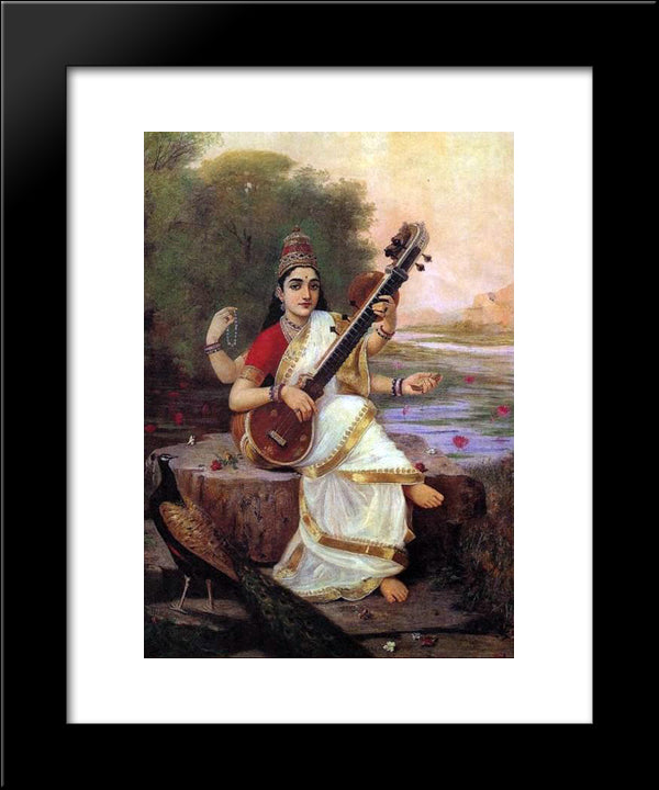 Painting Of The Goddess Saraswati 20x24 Black Modern Wood Framed Art Print Poster by Ravi Varma, Raja