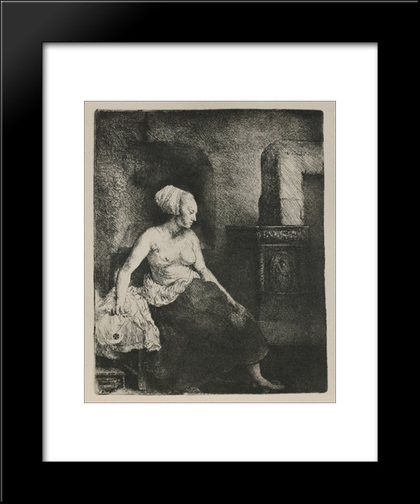 A Woman Seated Before A Dutch Stove 20x24 Black Modern Wood Framed Art Print Poster by Rembrandt