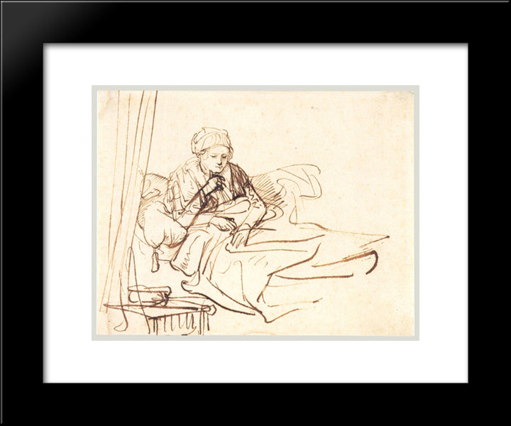 A Woman Sitting Up In Bed 20x24 Black Modern Wood Framed Art Print Poster by Rembrandt