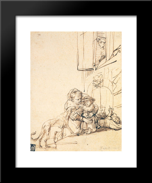 A Woman With A Child Frightened By A Dog 20x24 Black Modern Wood Framed Art Print Poster by Rembrandt