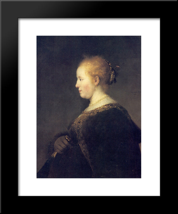 A Young Woman In Profile With A Fan 20x24 Black Modern Wood Framed Art Print Poster by Rembrandt