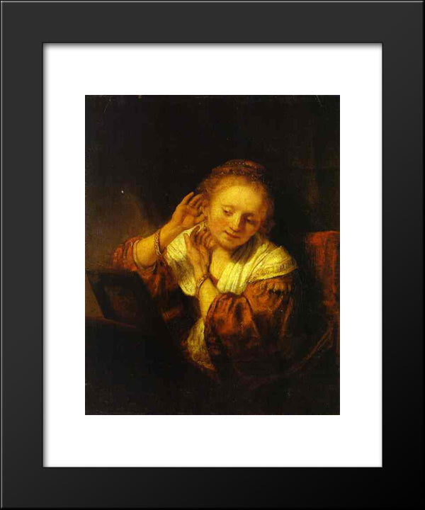 A Young Woman Trying On Earings 20x24 Black Modern Wood Framed Art Print Poster by Rembrandt