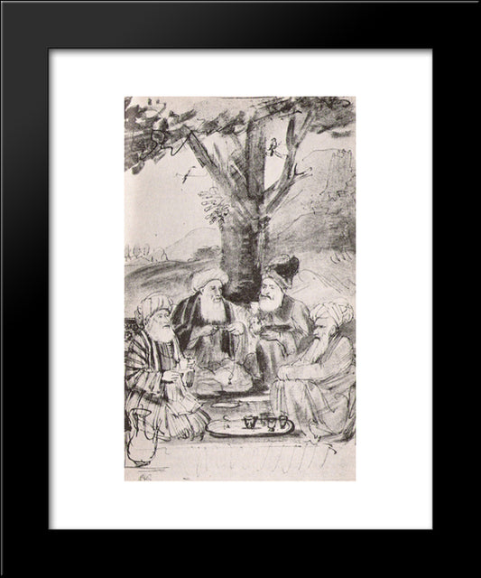 Four Orientals Seated Under A Tree. Ink On Paper 20x24 Black Modern Wood Framed Art Print Poster by Rembrandt