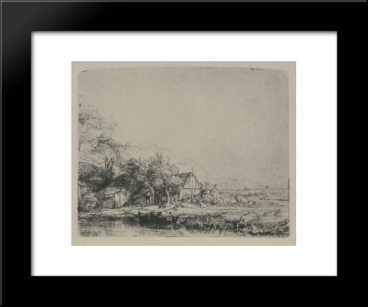 Landscape With A Cow Drinking 20x24 Black Modern Wood Framed Art Print Poster by Rembrandt