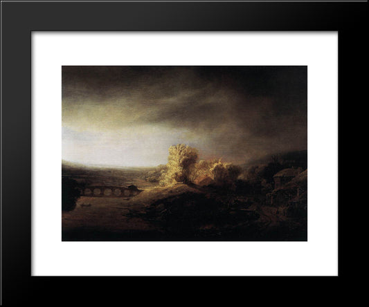 Landscape With A Long Arched Bridge 20x24 Black Modern Wood Framed Art Print Poster by Rembrandt