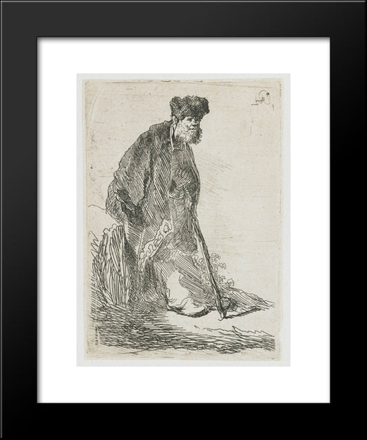 Man In A Coat And Fur Cap Leaning Against A Bank 20x24 Black Modern Wood Framed Art Print Poster by Rembrandt