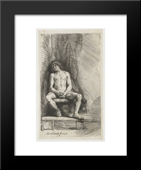 Nude Man Seated Before A Curtain 20x24 Black Modern Wood Framed Art Print Poster by Rembrandt