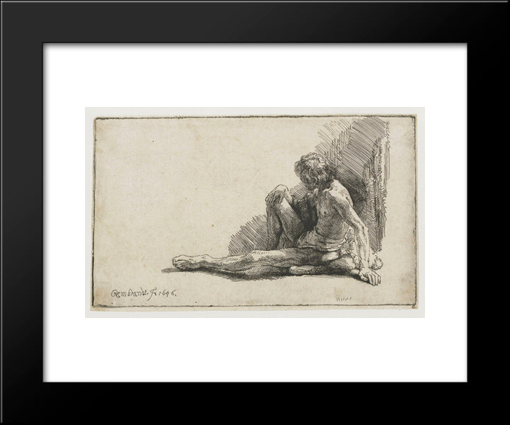 Nude Man Seated On The Ground With One Leg Extended 20x24 Black Modern Wood Framed Art Print Poster by Rembrandt