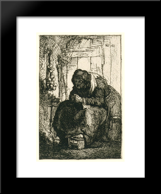 Old Woman Seated In A Cottage With A String Of Onions On The Wall 20x24 Black Modern Wood Framed Art Print Poster by Rembrandt