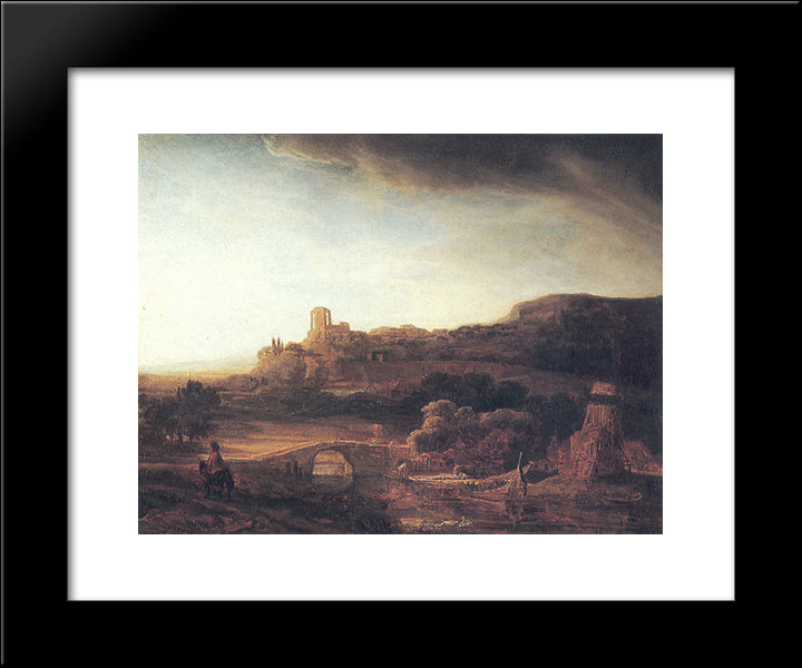 River Landscape With A Windmill 20x24 Black Modern Wood Framed Art Print Poster by Rembrandt