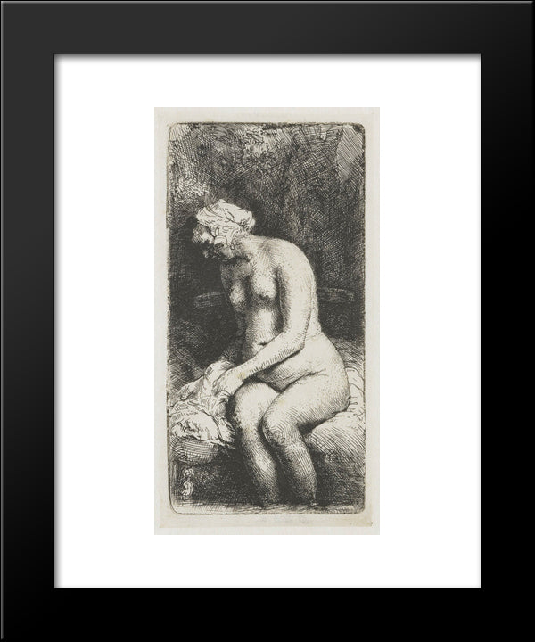 Seated Naked Woman (Woman Bathing Her Feet At A Brook) 20x24 Black Modern Wood Framed Art Print Poster by Rembrandt