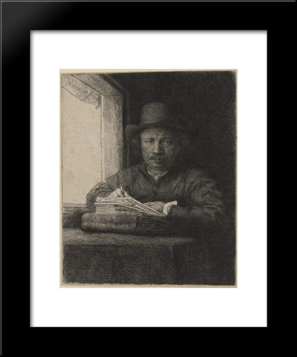 Self-Portrait, Drawing At A Window 20x24 Black Modern Wood Framed Art Print Poster by Rembrandt