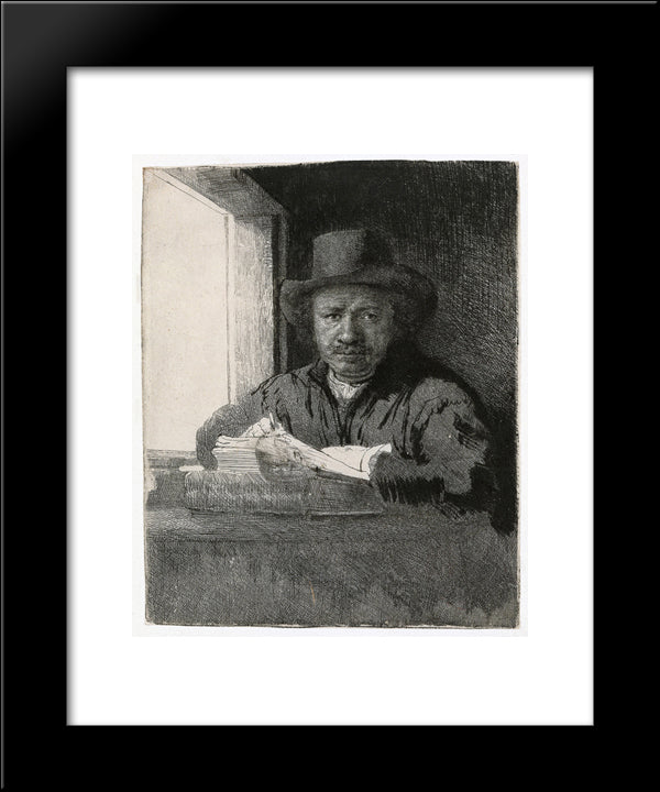 Self-Portrait Drawing At A Window 20x24 Black Modern Wood Framed Art Print Poster by Rembrandt