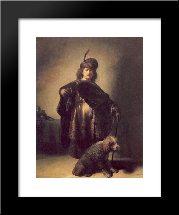 Self-Portrait In Oriental Attire With Poodle 20x24 Black Modern Wood Framed Art Print Poster by Rembrandt