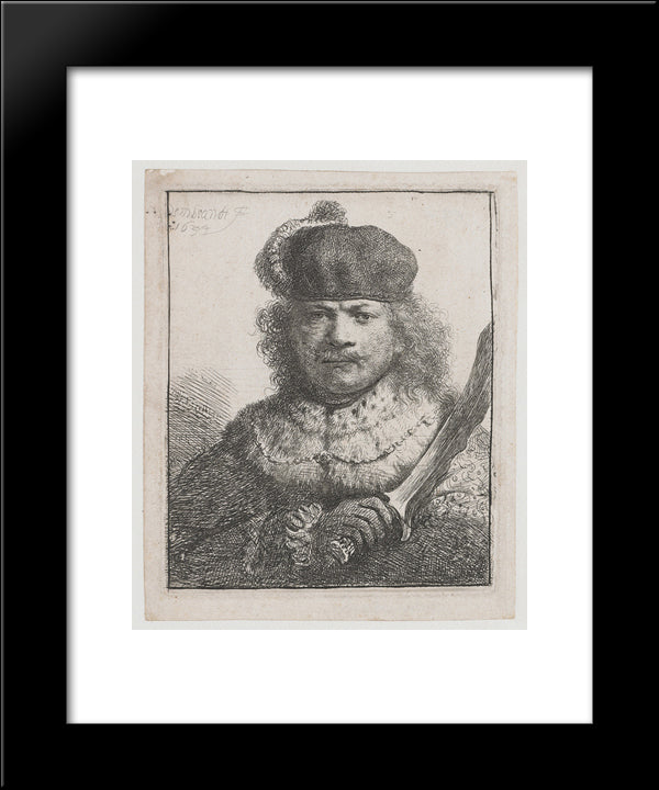 Self-Portrait With Raised Sabre 20x24 Black Modern Wood Framed Art Print Poster by Rembrandt