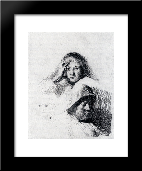 Sheet Of Sketches With A Portrait Of Saskia 20x24 Black Modern Wood Framed Art Print Poster by Rembrandt