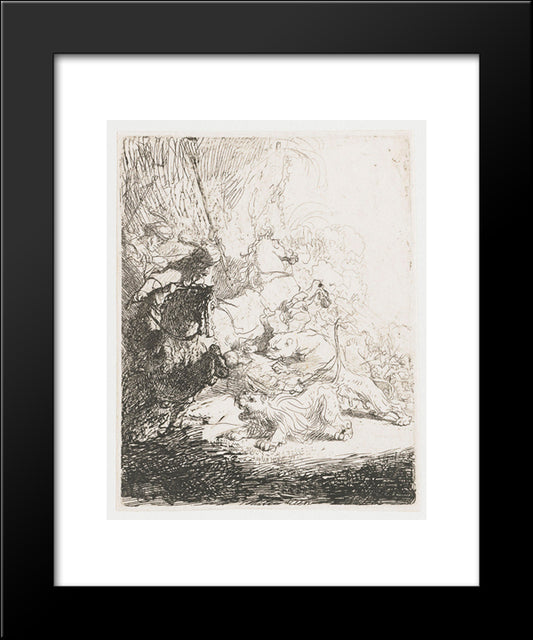 The Small Lion Hunt With Two Lions 20x24 Black Modern Wood Framed Art Print Poster by Rembrandt