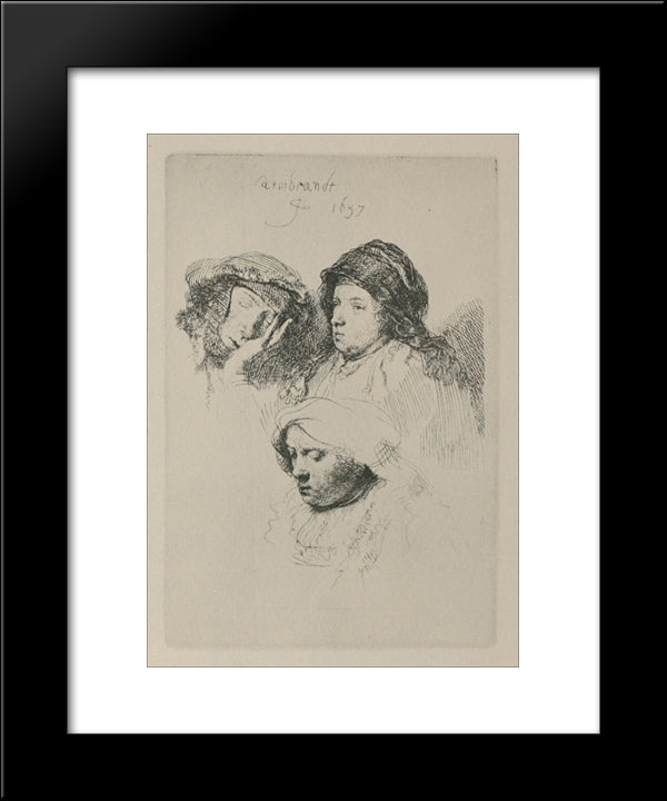 Three Female Heads With One Sleeping 20x24 Black Modern Wood Framed Art Print Poster by Rembrandt