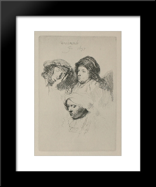 Three Female Heads With One Sleeping 20x24 Black Modern Wood Framed Art Print Poster by Rembrandt