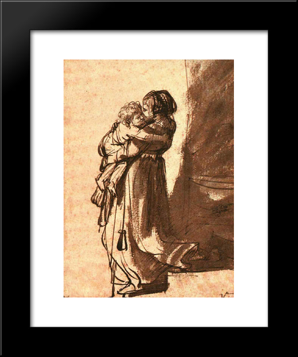 Woman Carrying A Child Downstairs 20x24 Black Modern Wood Framed Art Print Poster by Rembrandt