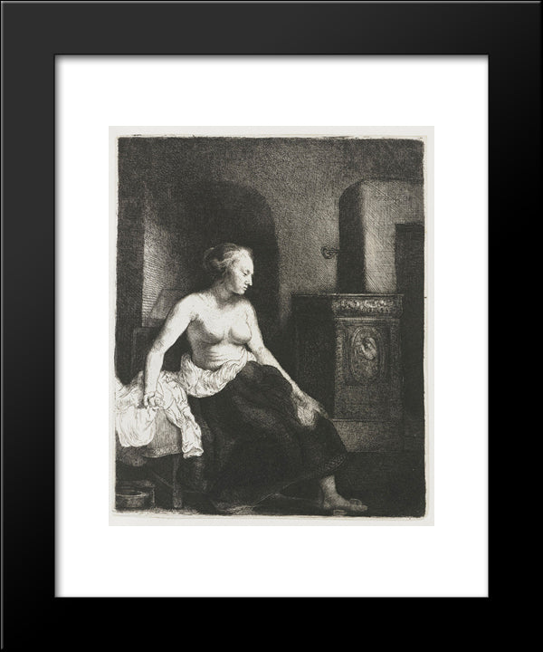 Woman Sitting Half Dressed Beside A Stove 20x24 Black Modern Wood Framed Art Print Poster by Rembrandt