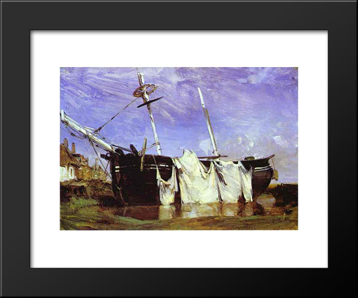 A Boat Beached In A Port At Low Tide 20x24 Black Modern Wood Framed Art Print Poster by Bonington, Richard Parkes