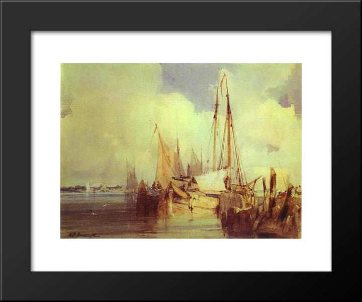 French River Scene With Fishing Boats 20x24 Black Modern Wood Framed Art Print Poster by Bonington, Richard Parkes