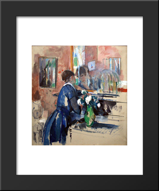 Lady In Blue In Front Of A Mirror 20x24 Black Modern Wood Framed Art Print Poster by Wouters, Rik