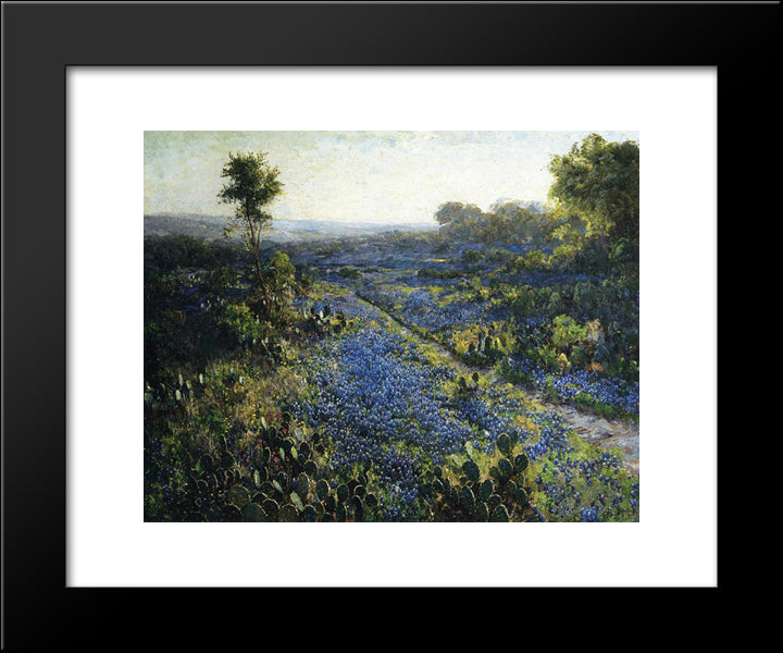 Field Of Texas Bluebonnets And Prickly Pear Cacti 20x24 Black Modern Wood Framed Art Print Poster by Onderdonk, Robert Julian