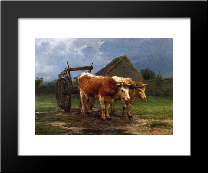 Oxen Pulling A Cart 20x24 Black Modern Wood Framed Art Print Poster by Bonheur, Rosa