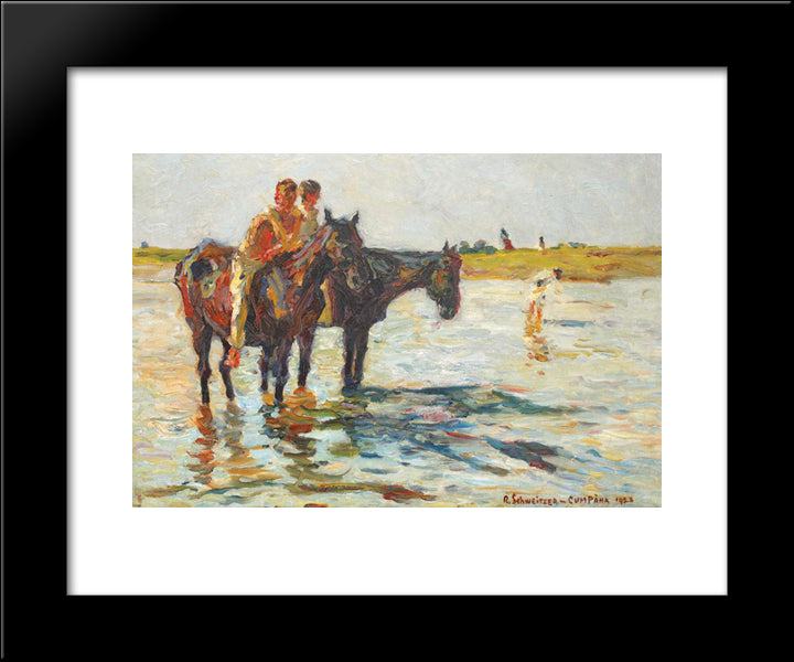 Bathe (Horses In The River) 20x24 Black Modern Wood Framed Art Print Poster by Schweitzer Cumpana, Rudolf