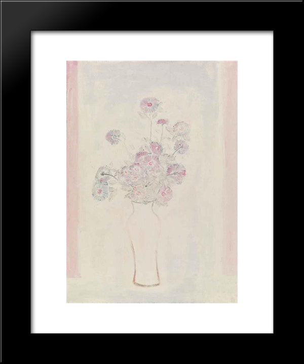 Pink Chrysanthemums In A White Vase 20x24 Black Modern Wood Framed Art Print Poster by Sanyu