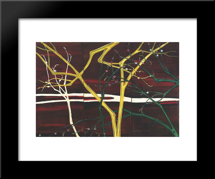 Pink Plum Blossoms & Green Branches - A Three - Folded Screen 20x24 Black Modern Wood Framed Art Print Poster by Sanyu