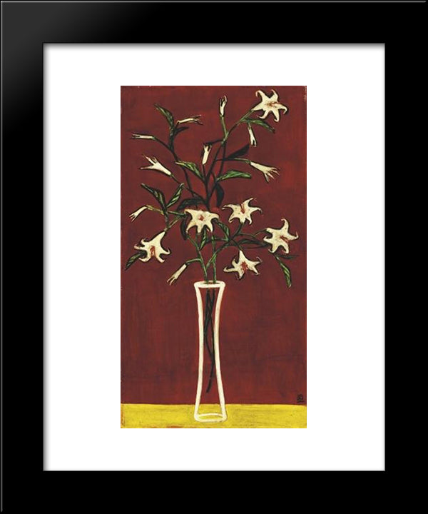 Vase Of Lilies With Red Ground 20x24 Black Modern Wood Framed Art Print Poster by Sanyu
