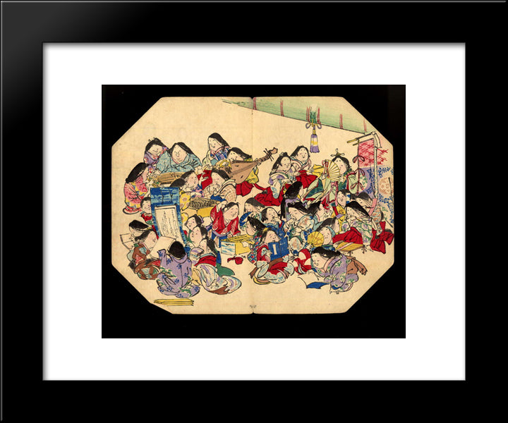 A Comic Pusuits Of Ladies 20x24 Black Modern Wood Framed Art Print Poster by Zeshin, Shibata