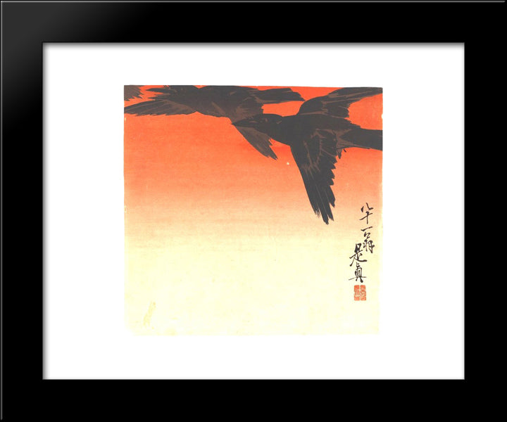 Crows Fly By Red Sky At Sunset 20x24 Black Modern Wood Framed Art Print Poster by Zeshin, Shibata